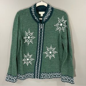 Appleseed's lambswool knit Embroidered zippered Long-Sleeve Cardigan